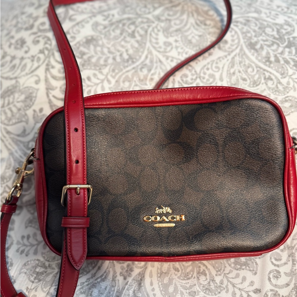 Coach Jes Crossbody Bag in Signature Block Canvas and Red Smooth Leather C91077